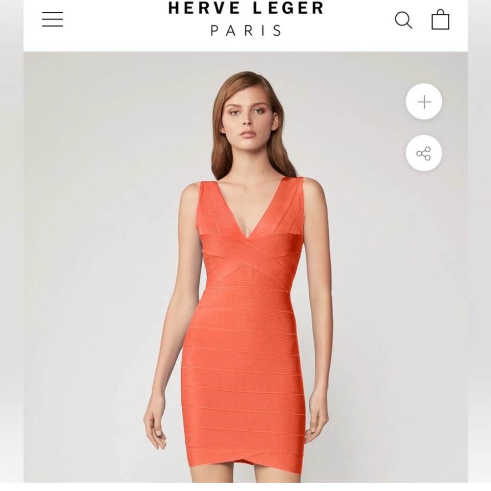 Herve Leger Deep Sea Coral Ruched V-Neck Bodycon Dress - Picture 2 of 4
